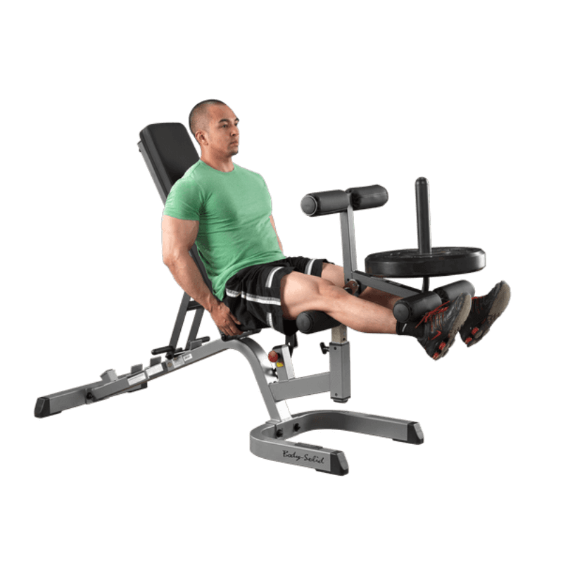 GLDA3  Body Solid 6 Roller Leg Developer Sample Exercise with Bench and Plate