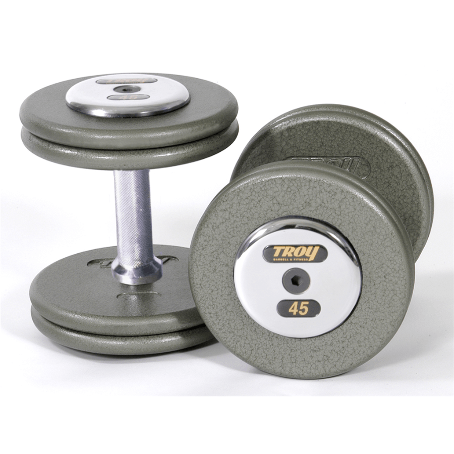TROY Pro Style Gray Hammer-tone Dumbbell Chrome End Caps Sets (5 lb Increments)