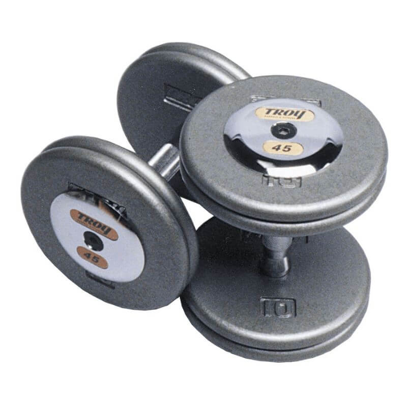 HFDC-C TROY Pro-Style Gray Dumbbell Contoured Handle Chrome End Caps 45 lb Pair