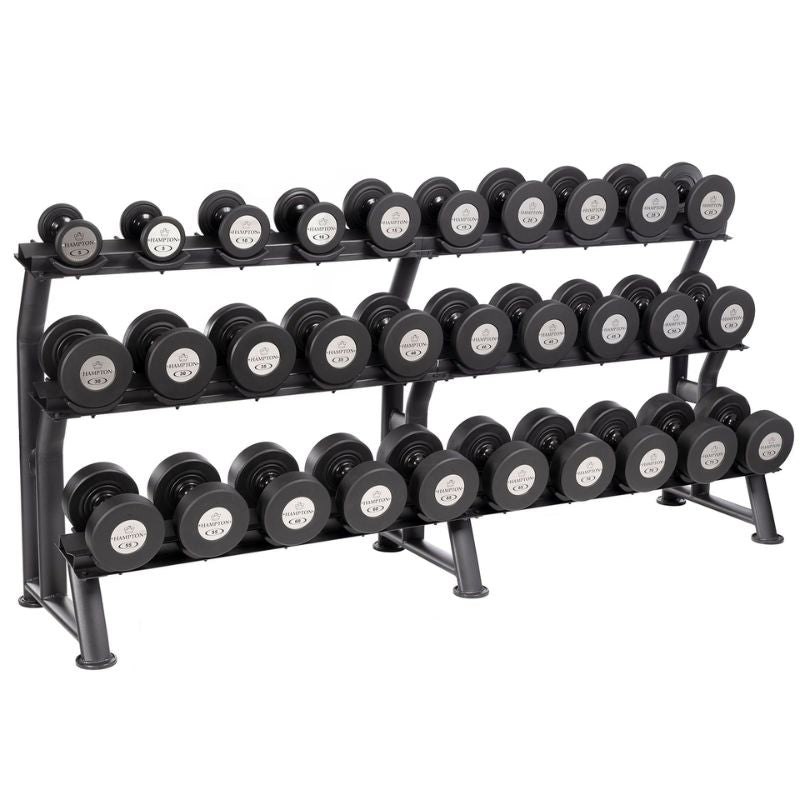 Hampton Fitness Gel-Grip® Urethane Dumbbells 5-75 lbs with 3 tier Rack
