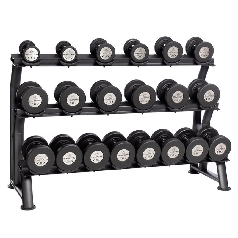 Hampton Fitness Gel-Grip® Urethane Dumbbells 5 lb to 50 lbs with 3 tier rack
