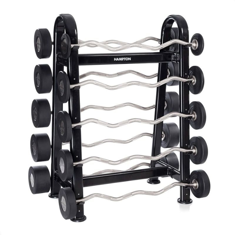 Hampton Fitness Urethane Pro-Style Fixed Curl Barbell Set with Horizontal Rack