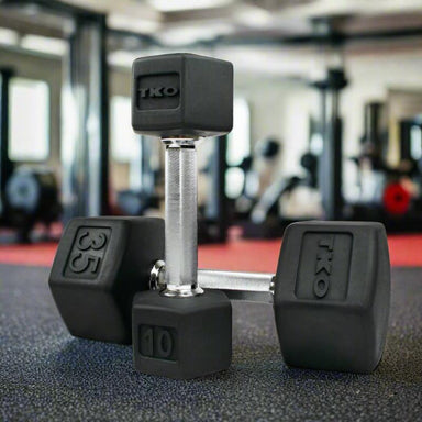 TKO 5-50lb Urethane Hex Tri-grip Dumbbells w/ Vertical Rack | S840-TXU-A10