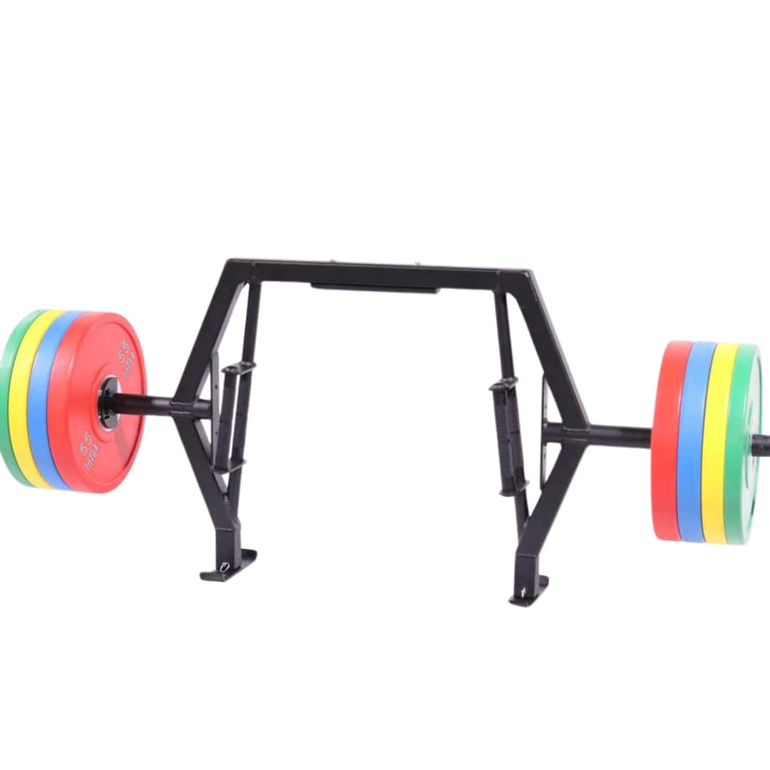 Intek Strength Open-Ended Functional Trap Bar Bare Product With Sample Colorful Plates in Front View