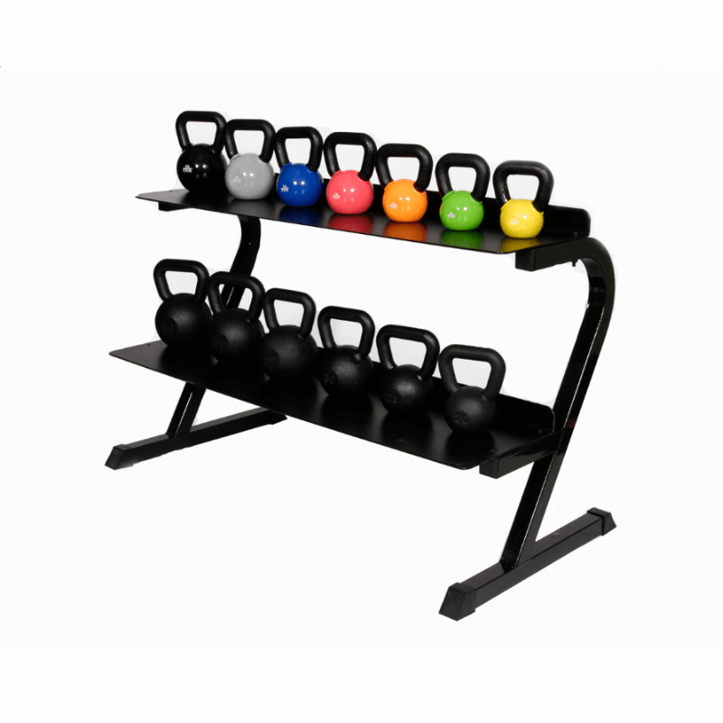 KBR-14 Troy 2 Tier Horizontal Kettlebell Rack with Kettlebells Sideview