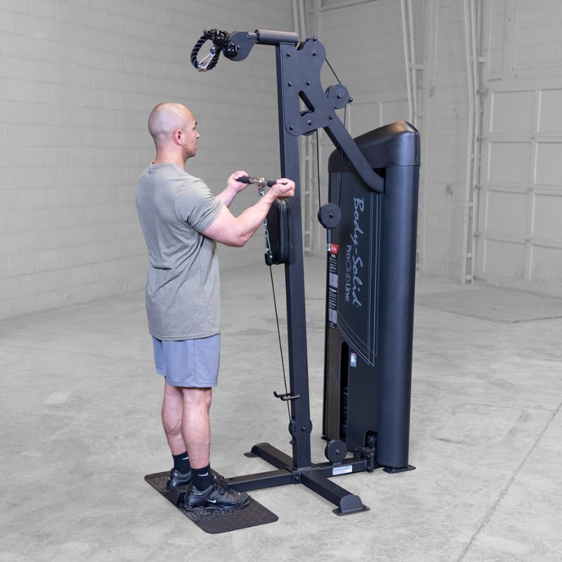 Left Side view of a man doing cable curl using Body-Solid Pro ClubLine S2BTPX Series 2 Biceps and Triceps
