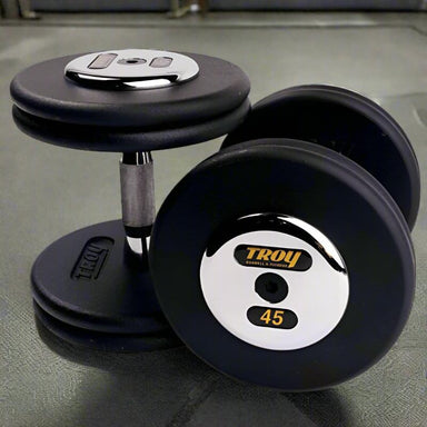 PFDC-C TROY Pro-Style Black Dumbbell Contoured Handle Chrome End Caps 45 lb Pair