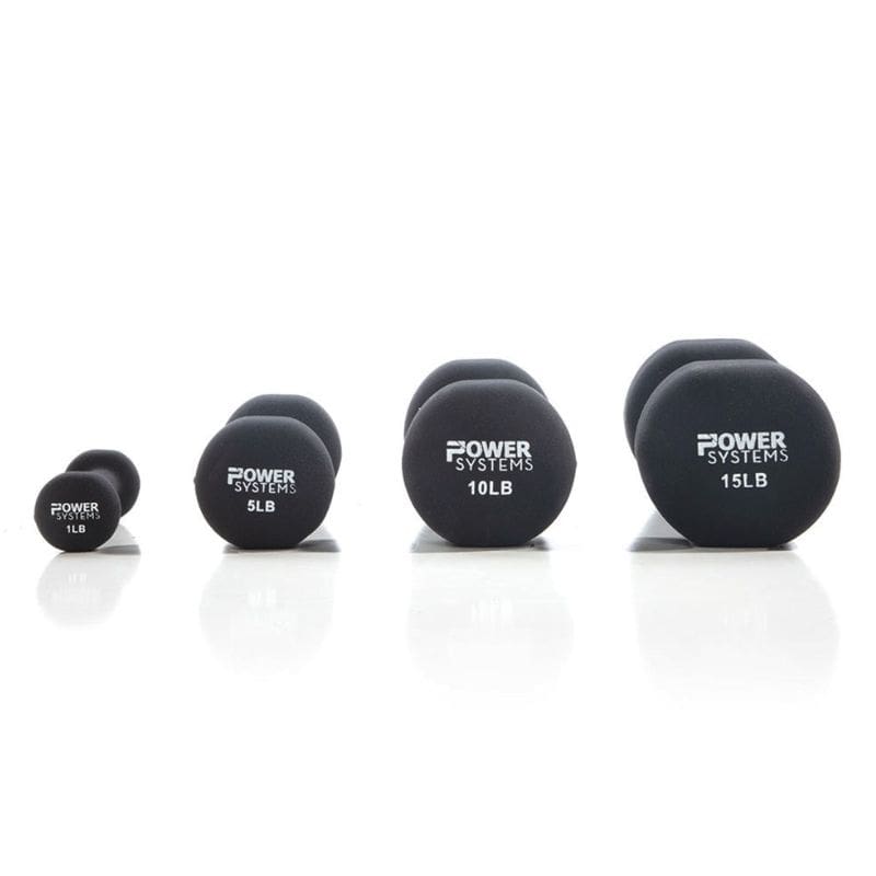 Power Systems Neoprene/Vinyl Dumbbell Vertical Rack w/Black Neoprene Dumbbell Set 1-15 lbs | 61793 1lb, 5lb, 10lb, 15lb