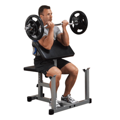 PPB32X  Body Solid Powerline Preacher Curl Bench Sample  Exercise  with Barbell