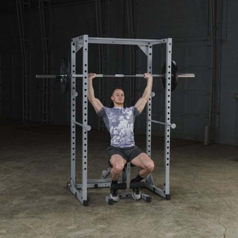 PPR200X  Body Solid Powerline Power Rack Sample Exercise with Barbell and Bench