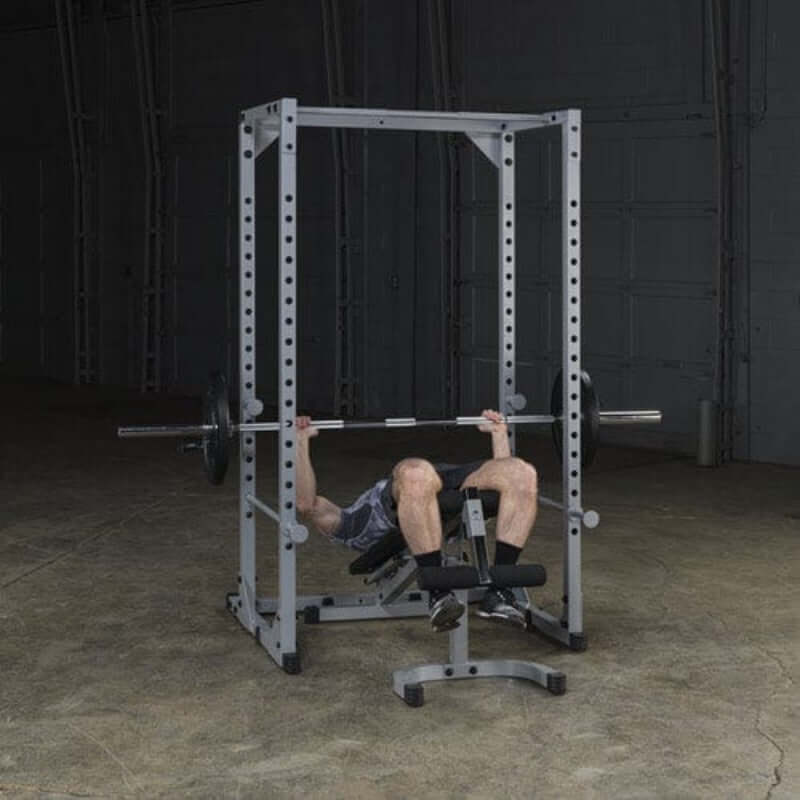 PPR200X  Body Solid Powerline Power Rack Sample Exercise with Barbell and Bench