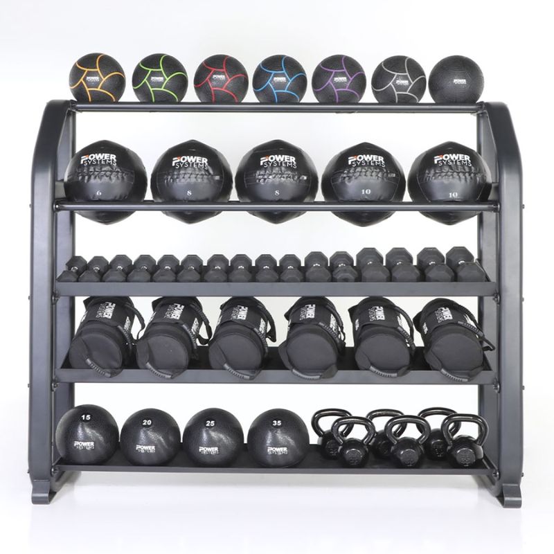 Power Systems Denali Series Hybrid Rack with Dumbbells, Kettlebells, Power Bags, and other accessories