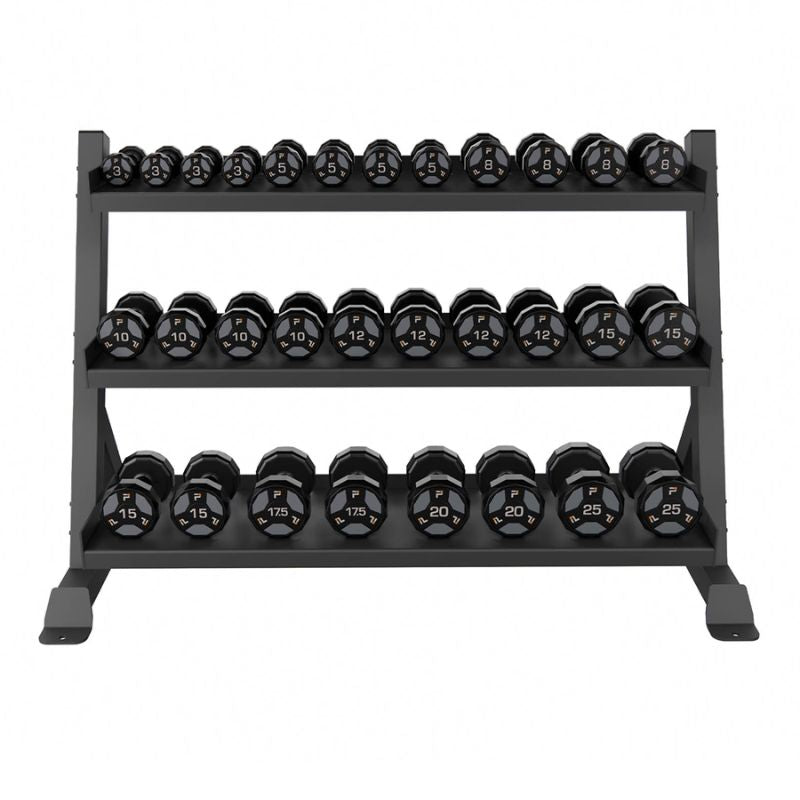 Power Systems Urethane Cardio Dumbbell Gray Set with 3 Tier Dumbbell Rack