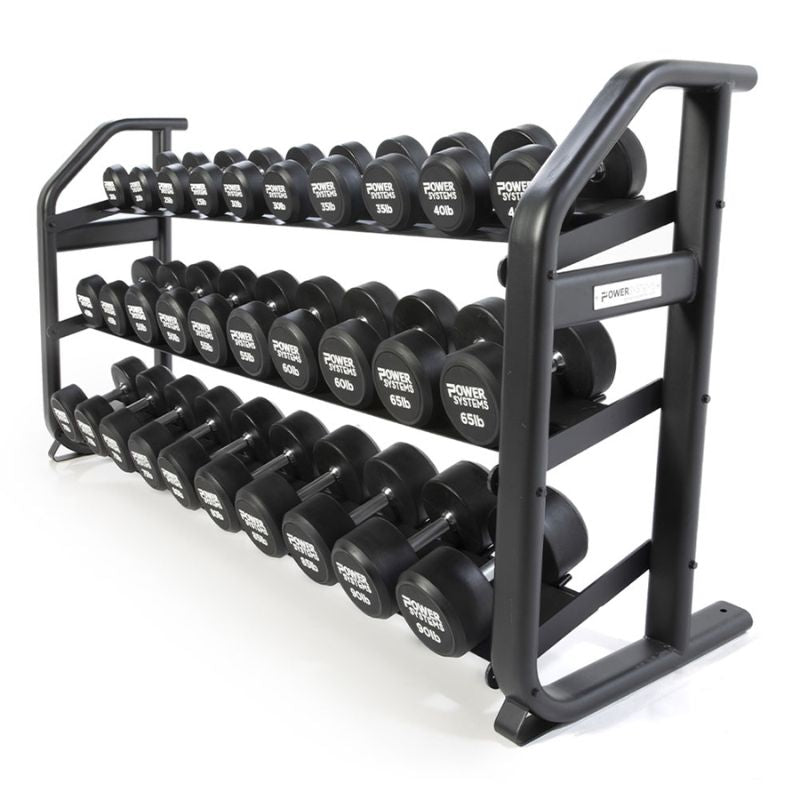 Power Systems Denali Series ProStyle Dumbbell Rack 15 Pairs Side View with Dumbbell Set