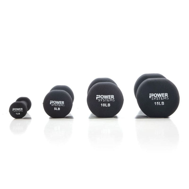Power Systems Neoprene/Vinyl Dumbbell 4-Tier Rack w/ Black Neoprene Dumbbell Set 1-15 lbs | 61779 1lb, 5lb, 10lb, 15lb