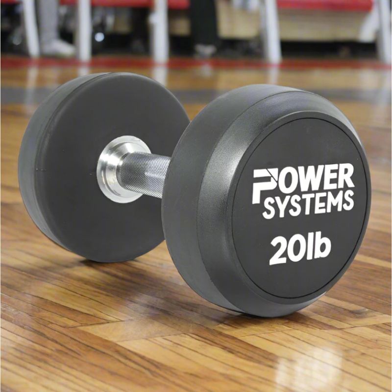 Power Systems ProStyle Round Rubber Dumbbell 20 lbs Main Display Pair inside Gym Floor