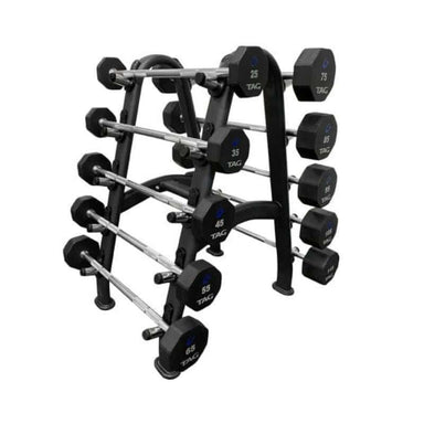 R8BBEL-STRT  TAG Fitness 8 Sided 20-115 lb and Set, Virgin Rubber Barbell with Straight Handle Sample with Rack