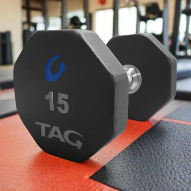 R8DB  TAG Fitness 5-100 lb Pair, and Set 8 Sided Virgin Rubber Dumbbell 15 lb