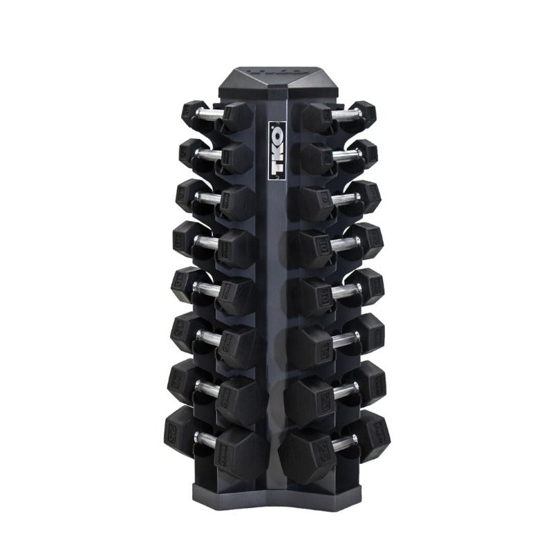 TKO 3lb-25lb Rubber Hex  Straight Handle Dumbbells w/ Vertical Rack | S826-SXRL8