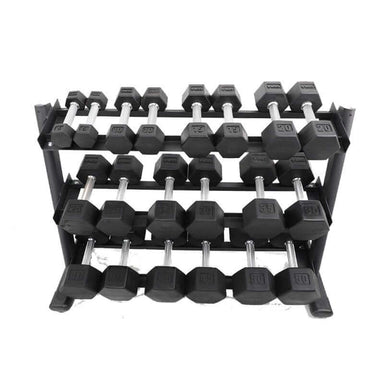 S6230-SXRA10 TKO  5-50lb Rubber Hex Straight Handle Dumbbells with 3 Tier Rail Rack Main