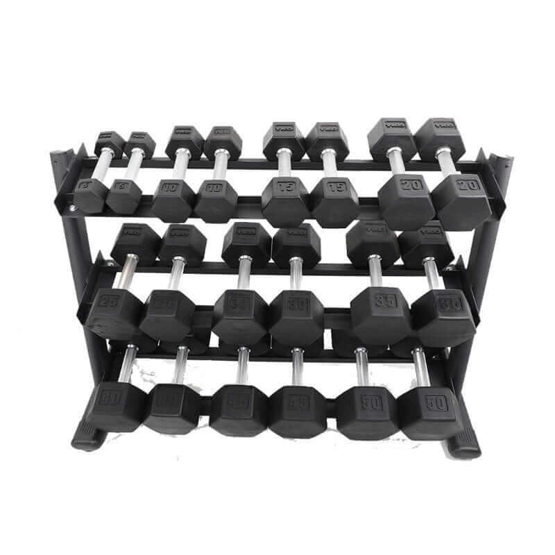 S6230-SXRA10 TKO  5-50lb Rubber Hex Straight Handle Dumbbells with 3 Tier Rail Rack Main