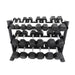 TKO 5-50lb Rubber Hex Straight Handle Dumbbells w/ 3 tier Rail Rack | S6230-SXRA10