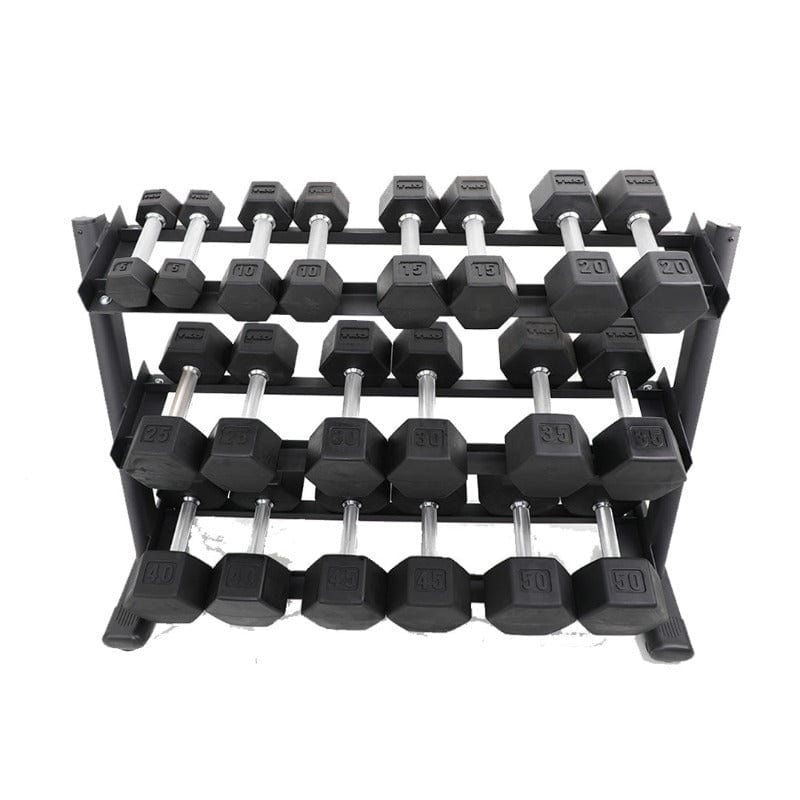 TKO 5-50lb Rubber Hex Straight Handle Dumbbells w/ 3 tier Rail Rack | S6230-SXRA10