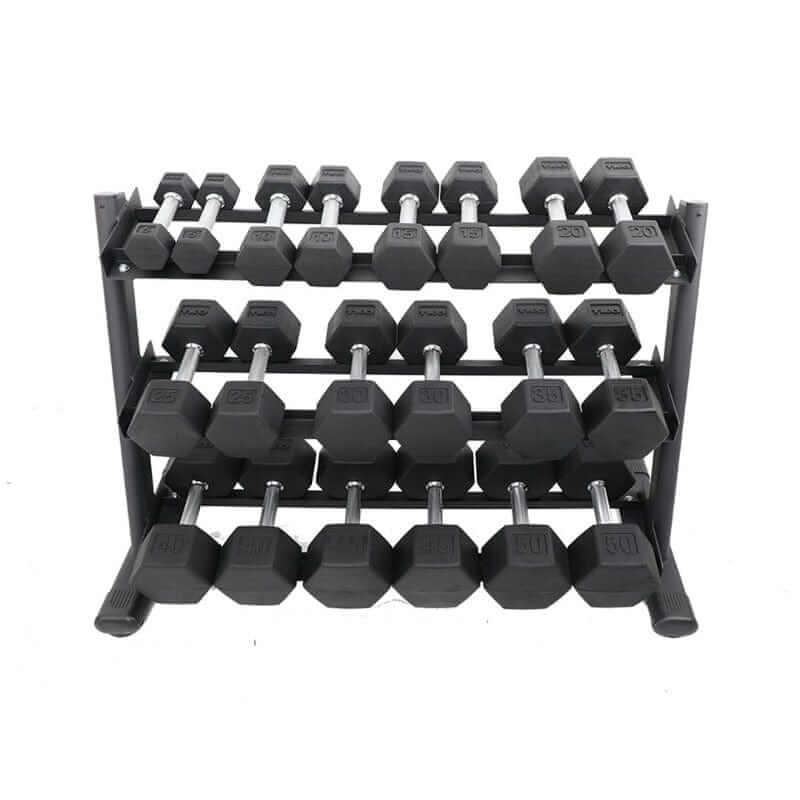  S6230-TXRA10 TKO 5-50lb Rubber Hex Tri-Grip Handle Dumbbells with 3 Tier Rail Rack Main