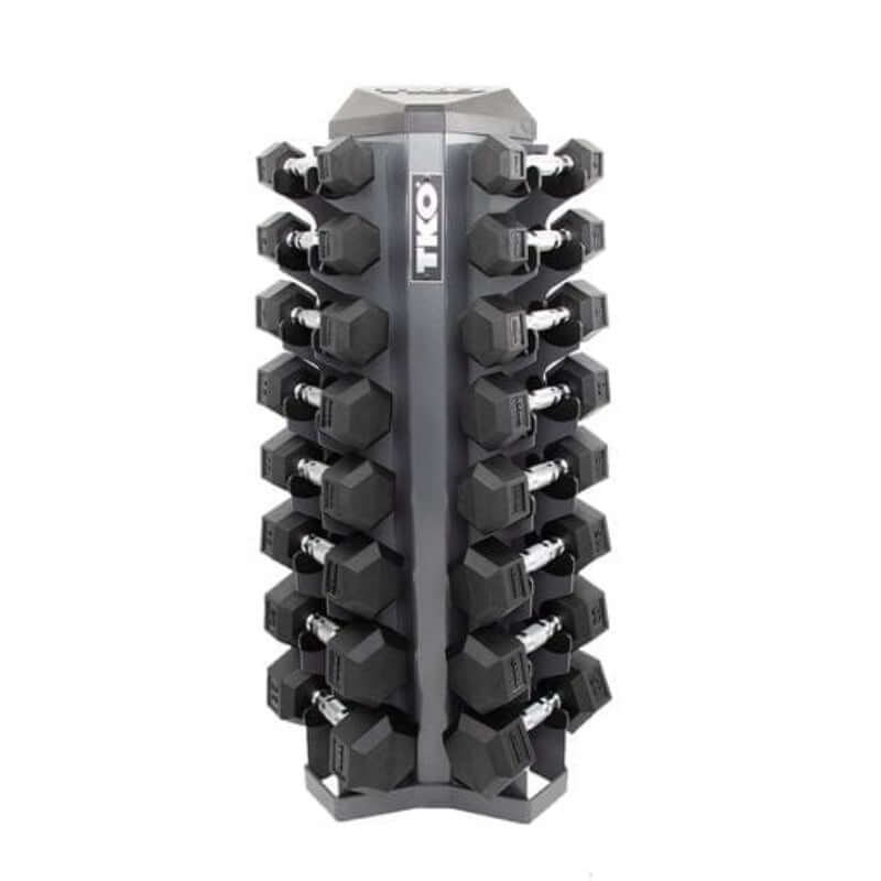 S826-RXL8 TKO 3-25lb Rubber Hex Dumbbell Set, Contour with 8 Pair Rack