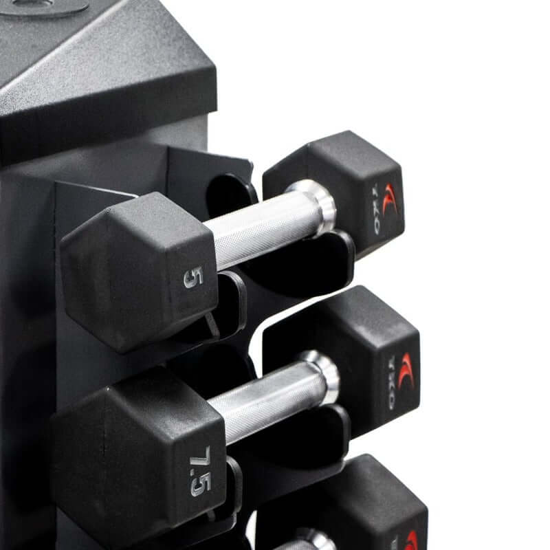 S826-SXRL8 TKO  3lb-25lb Rubber Hex  Straight Handle Dumbbells with Vertical Rack 