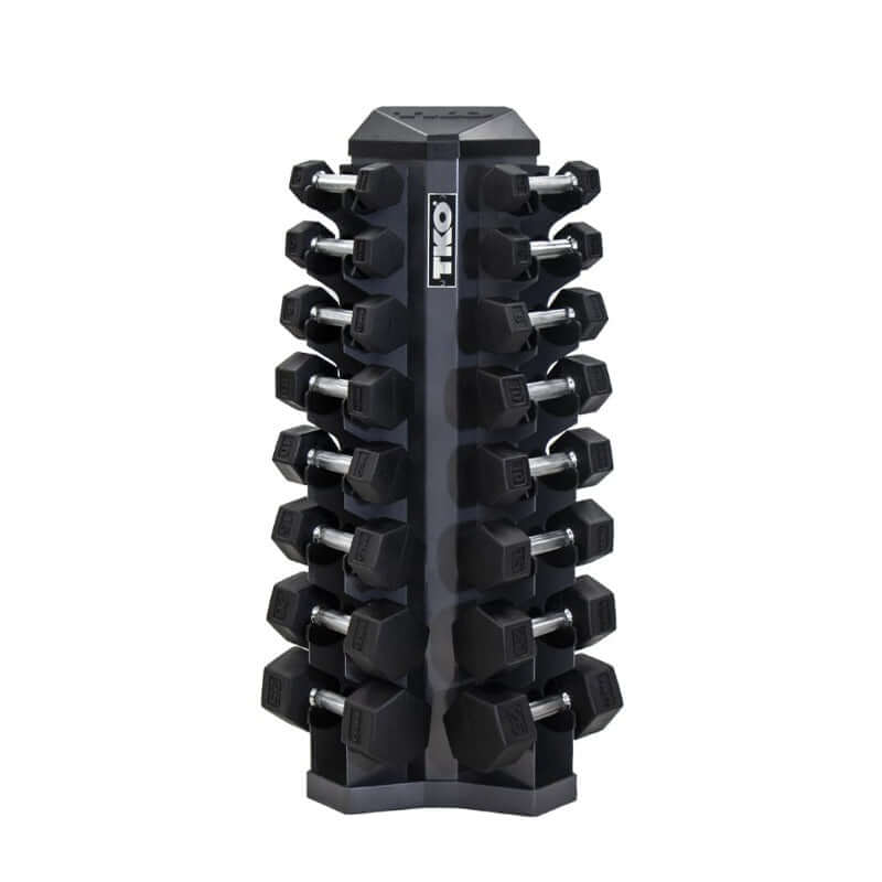 S826-TXRL8 TKO  3-25lb Rubber Hex  Tri-Grip Handle Dumbbells with 8 Pair Rack