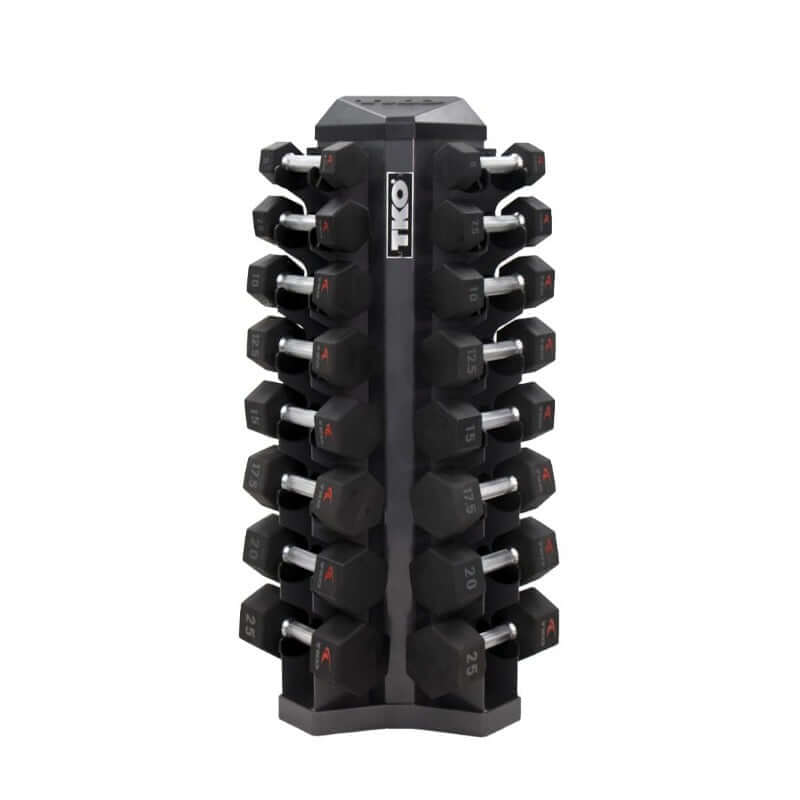 S826-TXUL8 TKO  5-25lb Urethane Hex Tri-grip Handle Dumbbells with Rack 