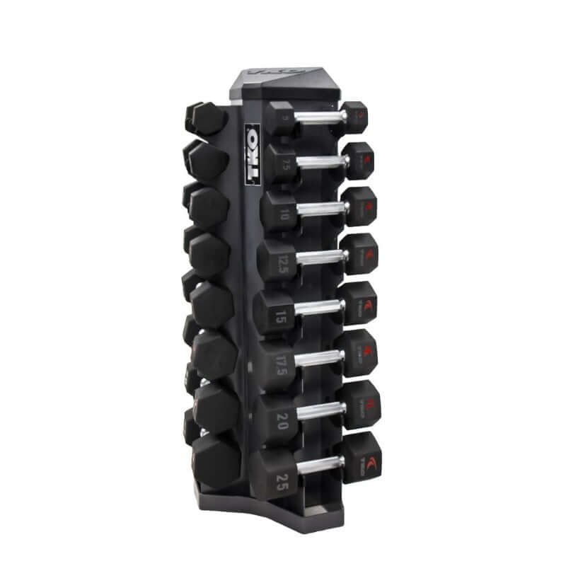 S826-TXUL8 TKO  5-25lb Urethane Hex Tri-grip Handle Dumbbells with Rack