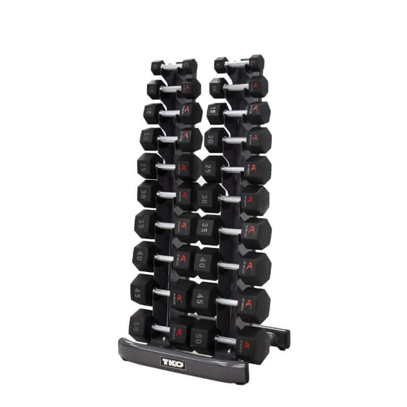 S840-TXUA10 TKO  5-50lb Urethane Hex Tri-Grip Handle Dumbbells with 10 Pair Rack 