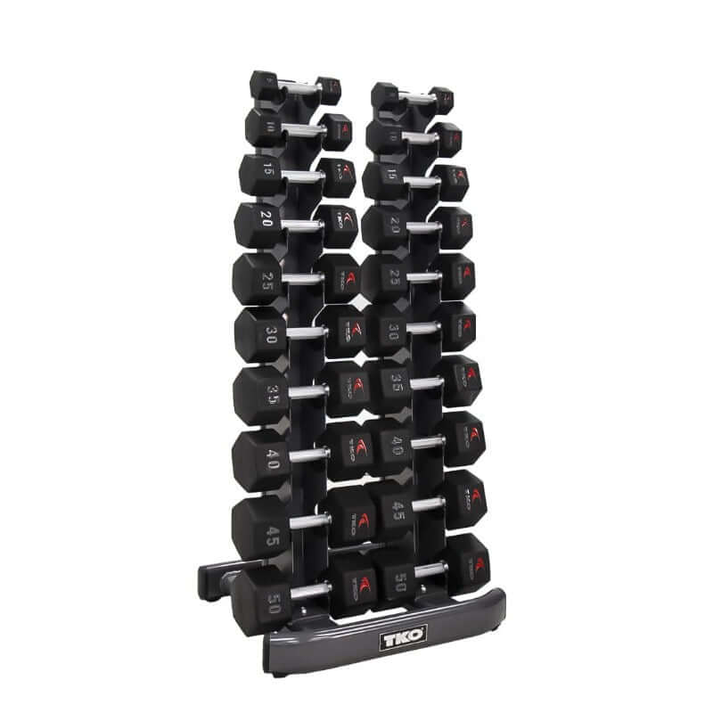 S840-TXUA10 TKO  5-50lb Urethane Hex Tri-Grip Handle Dumbbells with 10 Pair Rack 