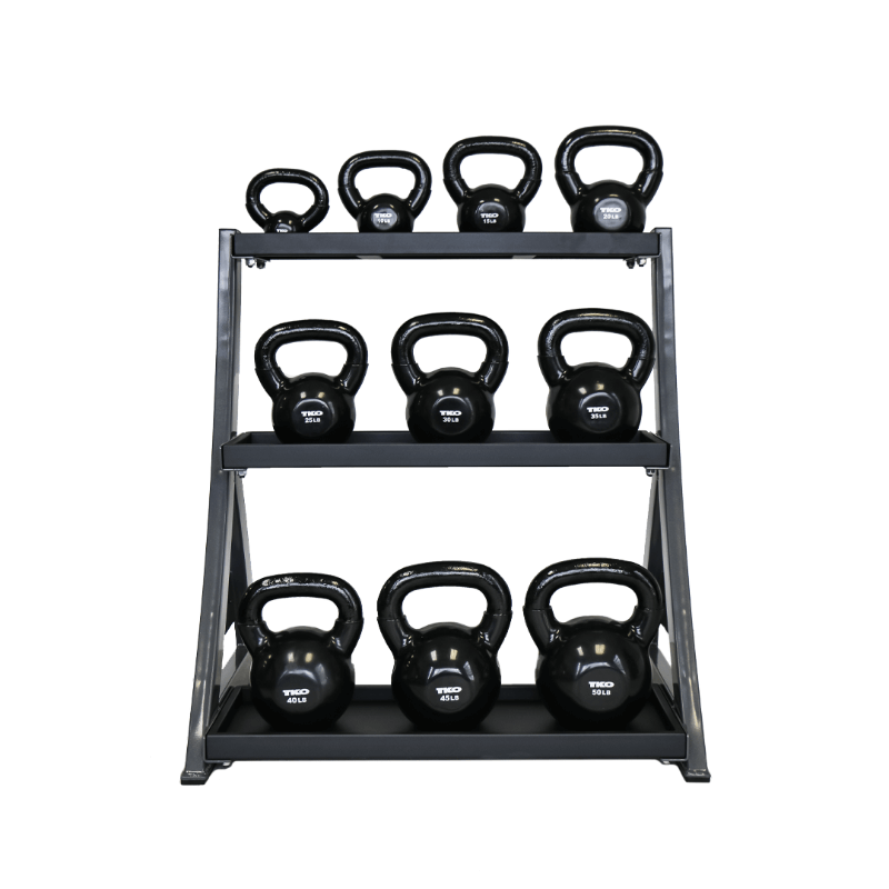 TKO Strength 5-50lb Vinyl Kettlebell Set with 3 Tier Rack - S856 TKO Strength 5-50lb Vinyl Kettlebell Set with 3 Tier Rack - S856