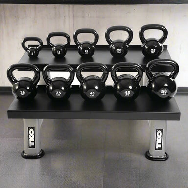 TKO S859-KBV5-50 5-50lb Vinyl Kettlebell Set with 2 Tier Rack Main inside Gym