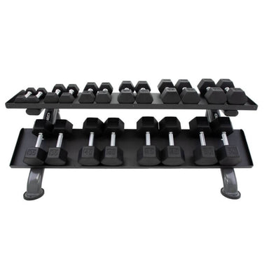 S889-SXRA10 TKO  5-50lb Rubber Hex Straight Handle Dumbbell with 2 Tier Shelf Rack 