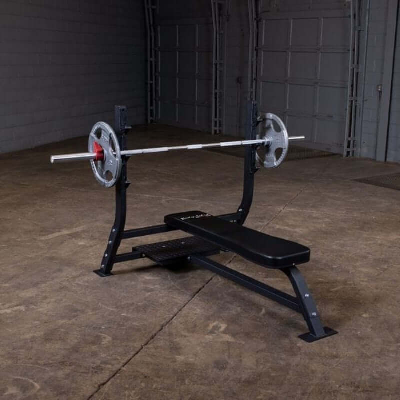 SOFB250  Body Solid Pro Clubline Olympic Flat Bench  Sample with Barbell