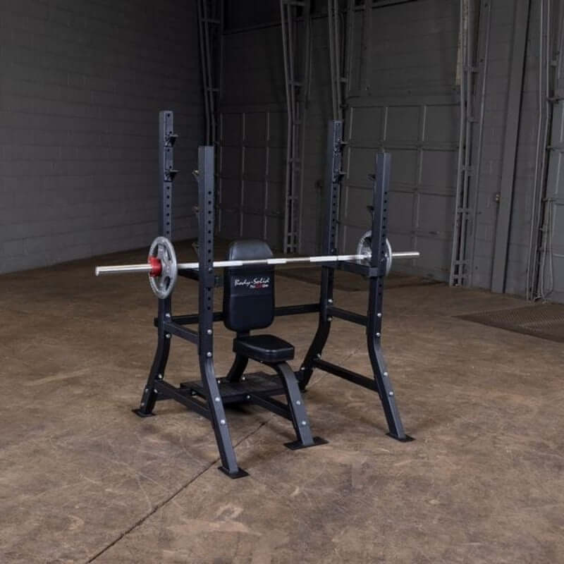 SOSB250  Body Solid Pro Clubline  Olympic Shoulder Press Bench Sample  with Barbell