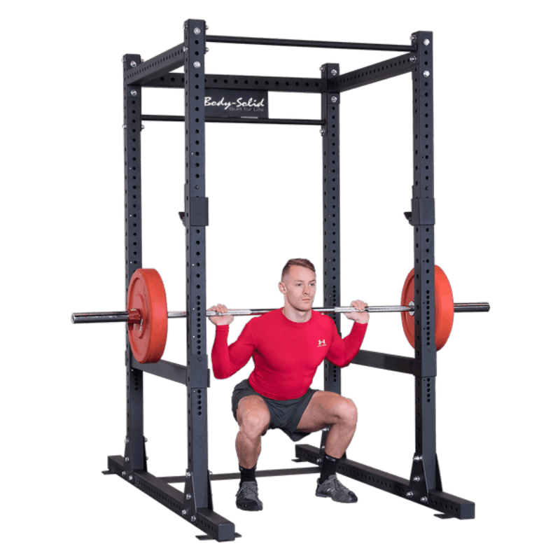 SPR1000  Body Solid PCL Power Rack Base Rack/Liftoffs/Premium Safeties Sample Exercise with Barbell