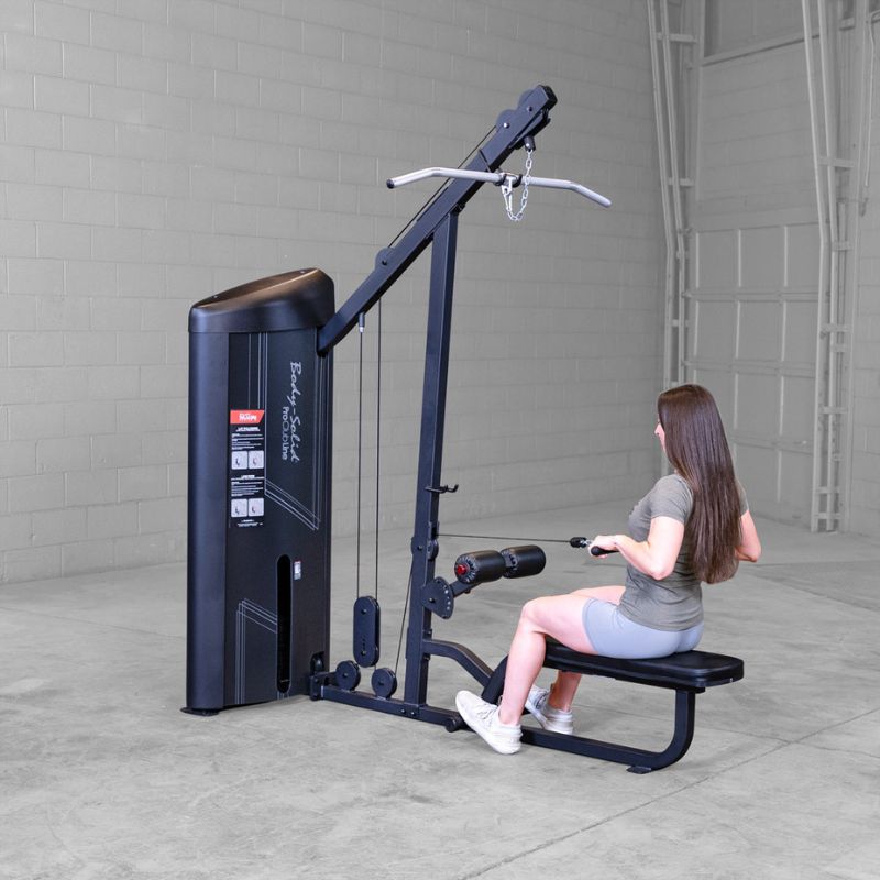 Side View of Female doing mid row workout using Body-Solid Pro ClubLine S2LATX Series 2 Lat and Mid-Row