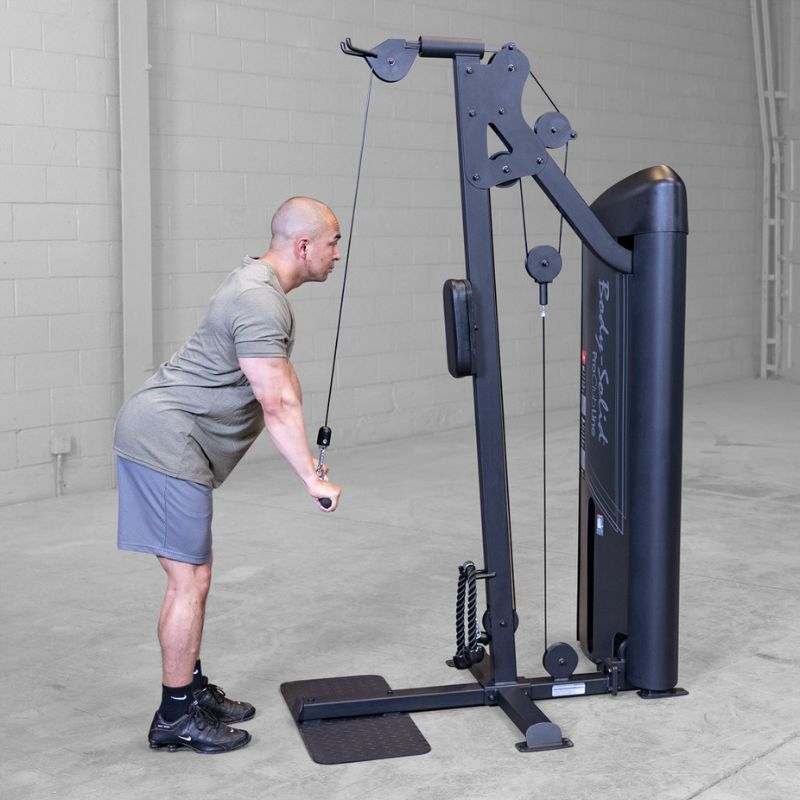 Side view of cable bar tricep extension workout using Body-Solid Pro ClubLine S2BTPX Series 2 Biceps and Triceps