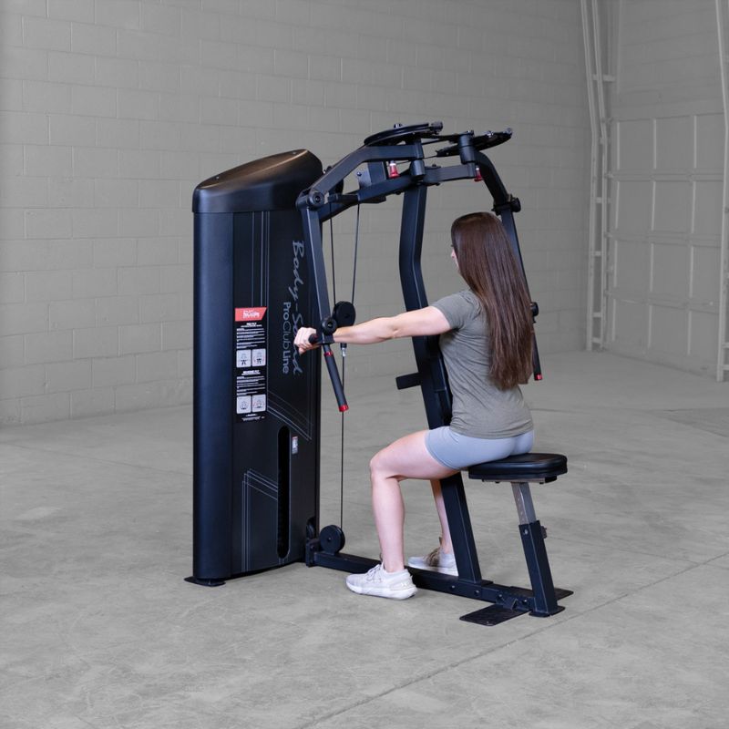 Side view position of rear delt workout using Body-Solid Pro Clubline S2PECX Series 2 Pec Fly & Rear Delt