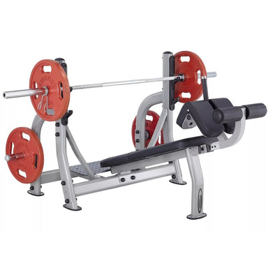 Steelflex NODB Commercial Olympic Decline Bench with Weight Plates and Bars on a white background