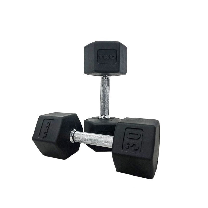 TKO 3lb-25lb Rubber Hex  Straight Handle Dumbbells w/ Vertical Rack | S826-SXRL8 30lb