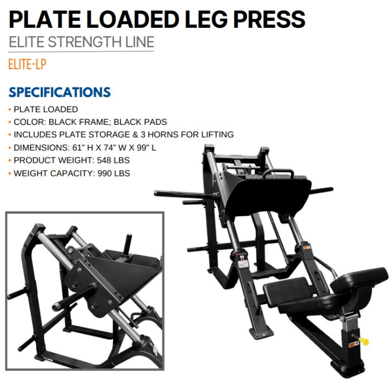 TAG Fitness Elite Plate Loaded Leg Press Specifications and Dimensions