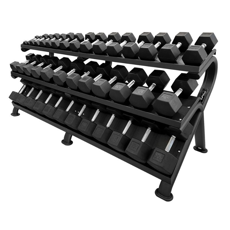 TAG Fitness HEX-MEGA Rack - 3 Tier Dumbbell Rack Right Side View with 20 Pairs of Dumbbells