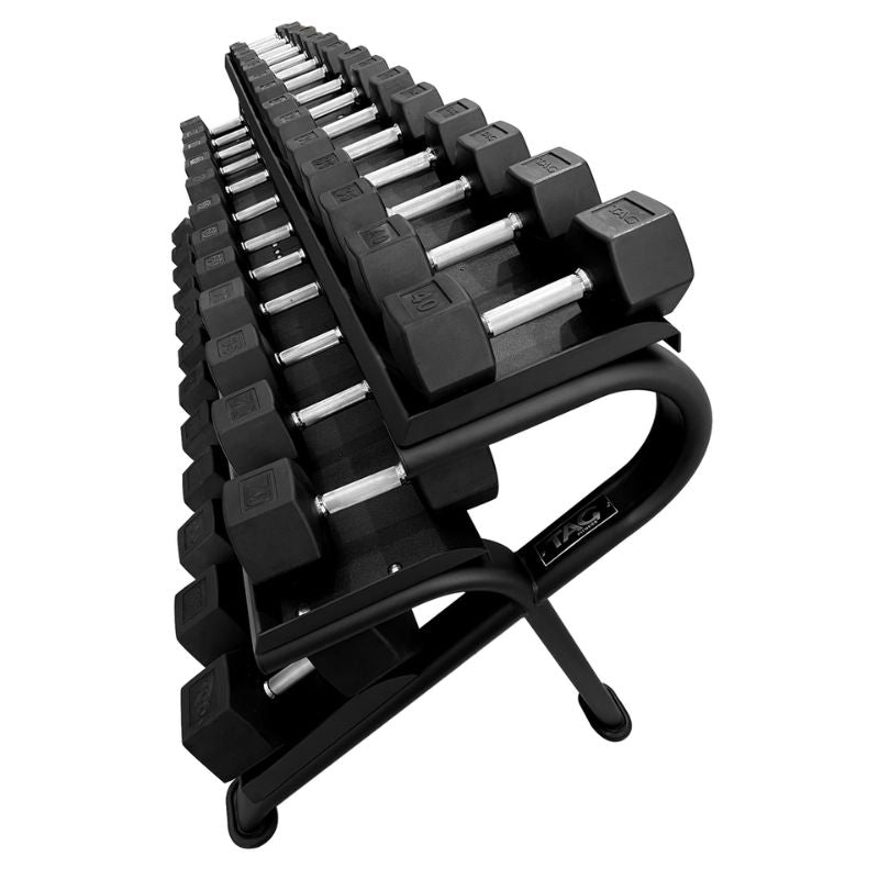 TAG Fitness HEX-MEGA Rack - 3 Tier Dumbbell Rack Side View with 20 Pairs of Dumbbells