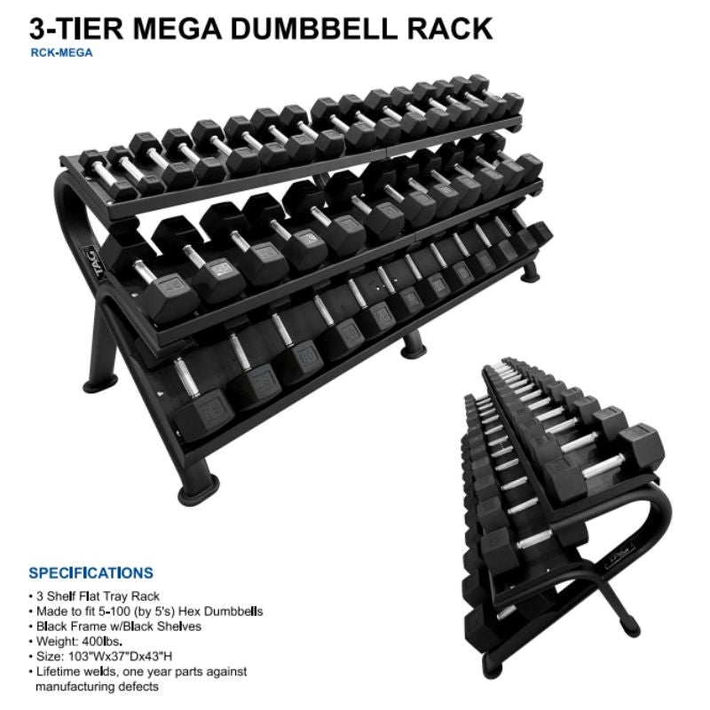 TAG Fitness HEX-MEGA Rack - 3 Tier Dumbbell Rack Specifications